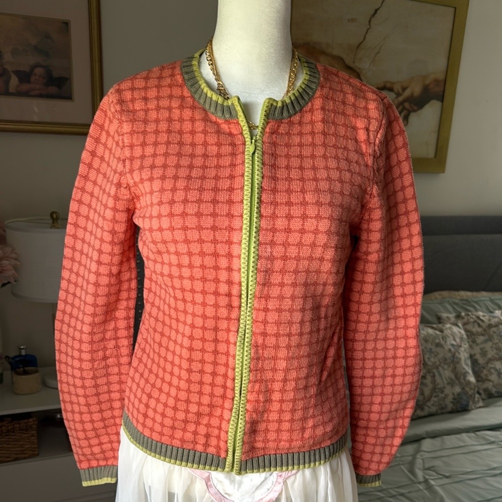 Talbots vintage Coral and Olive Checkered Full Zip Sweater Cardigan